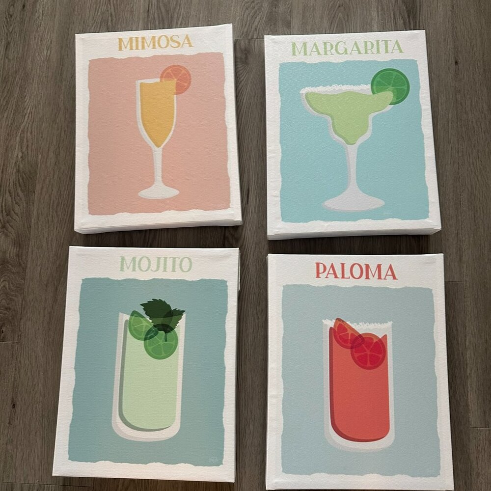 Set of 4 Fine Art Canvas Paintings - Cocktail Drinks (Margarita, Mimosa, Mojito)